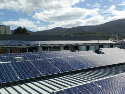 Solar panels funded by CORENA on roof of Tastex Knitwear and Uniforms, TAS